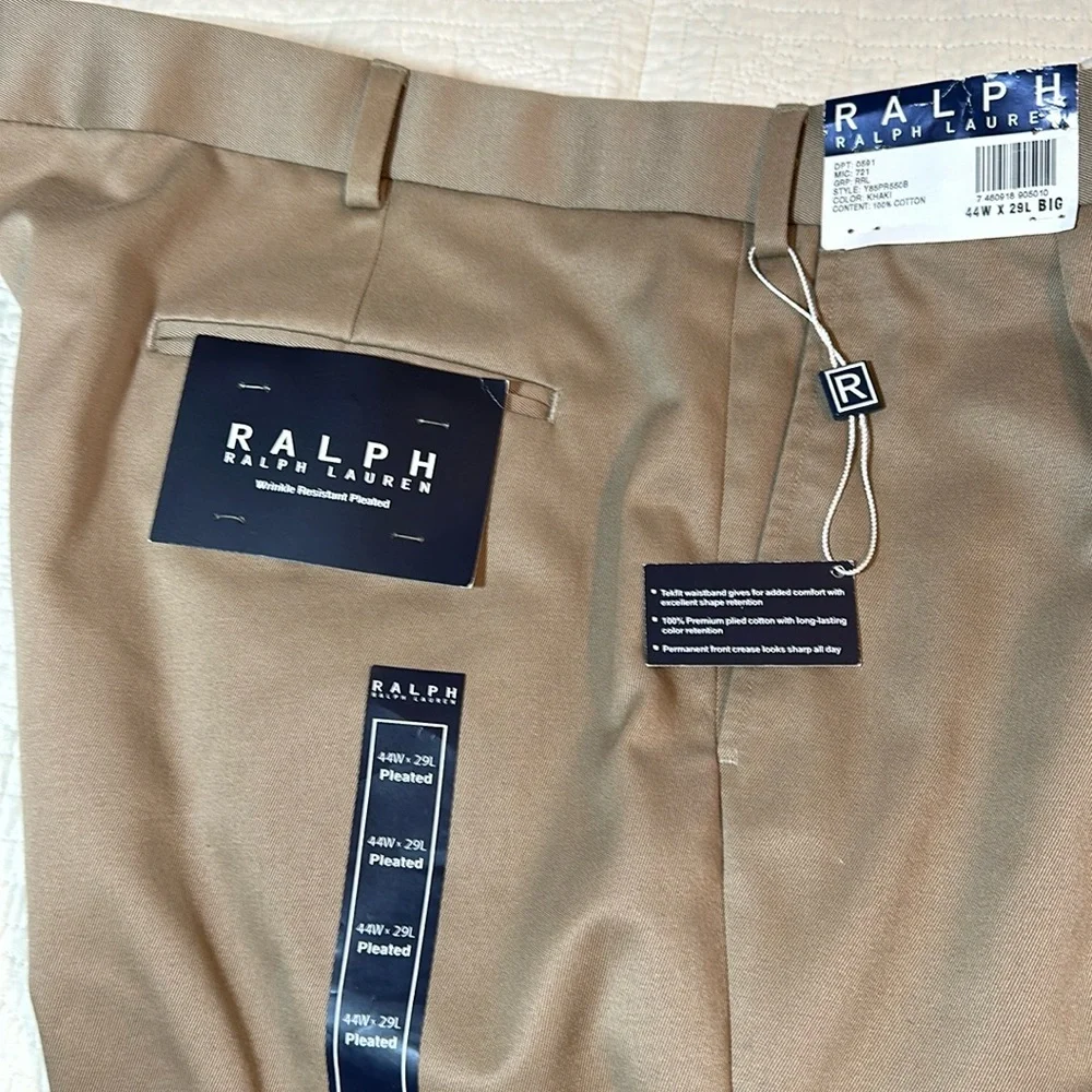 Ralph Lauren Pleated Dark Tan Cotton Khaki Pants 44x29 NWT